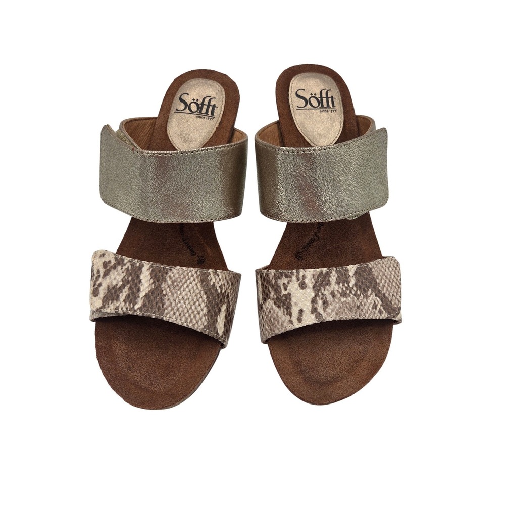 Sofft Womens Metallic Gold Snakeskin Print Leather Wedge Sandals Size 8M